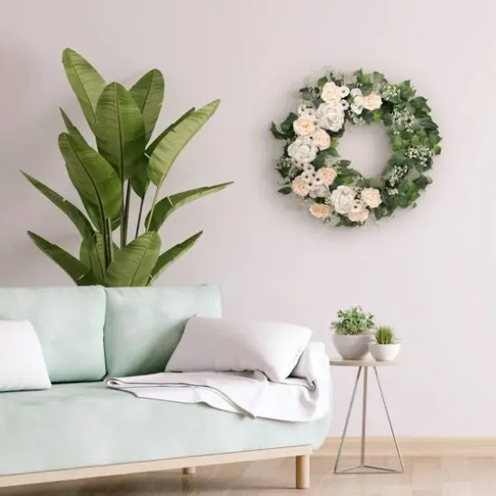 30" Spring Cream Rose, Baby's Breath & Camellia Wreath {6}