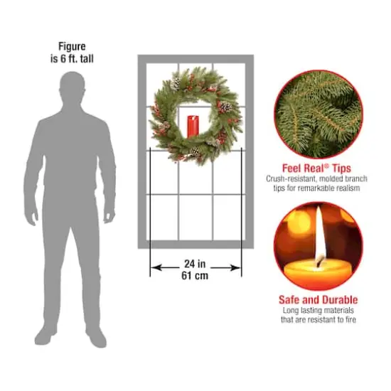 24" Feel Real&reg; Bristle Berry Wreath with Red Electronic Candle, Red Berries & Cones {5}