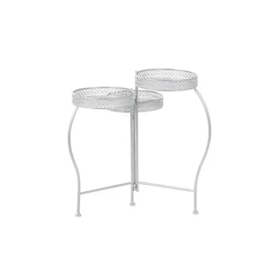 20" Metal Curved Folding 3-Tier Plant Stand with Floral & Scroll Patterns Silver {7}