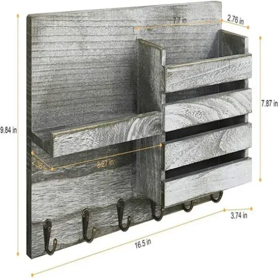 NEX&trade; Olive Green Vintage Wooden Mail Shelf with 6 Key Hooks {3}