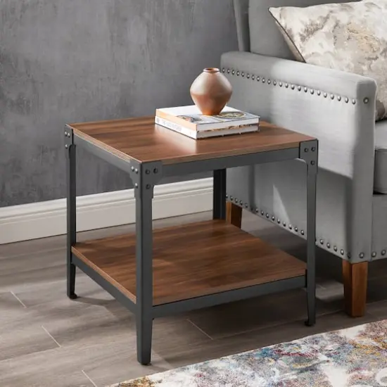 Walker Edison Dark Walnut Angle Iron Rustic Wood Side Table Set {3}