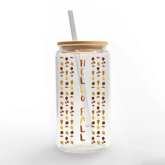 Hello Fall Leaf Border 16oz. Glass Can Cup {1}