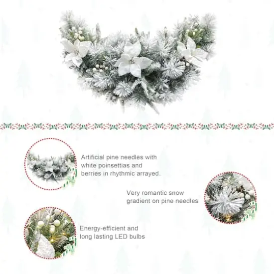 Glitzhome® 36" Pre-Lit Flocked Greenery Pine White Poinsettia & Berry Christmas Swag with Timer {7}