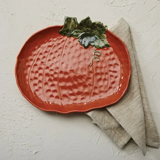 Hello Honey&reg; 14" Orange Stoneware Pumpkin Shaped Platter {3}