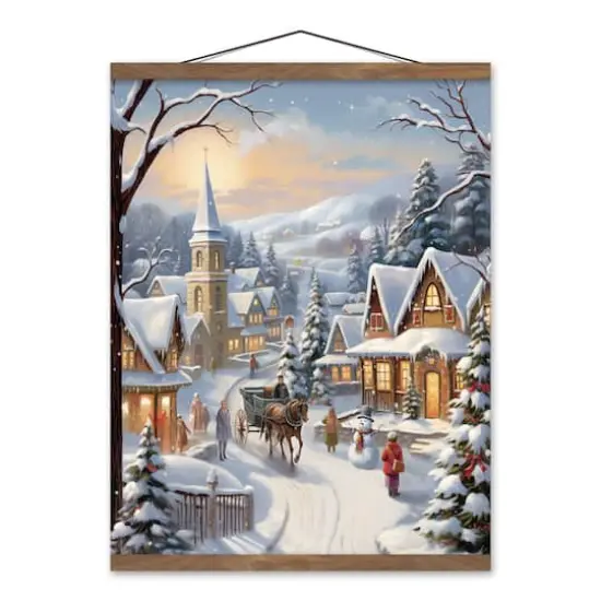 Christmas Village Scene 16" x 20" Teak Hanging Canvas {1}