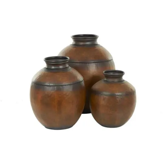 Brown Metal Antique Style Round Pot Floor Vase Set {9}