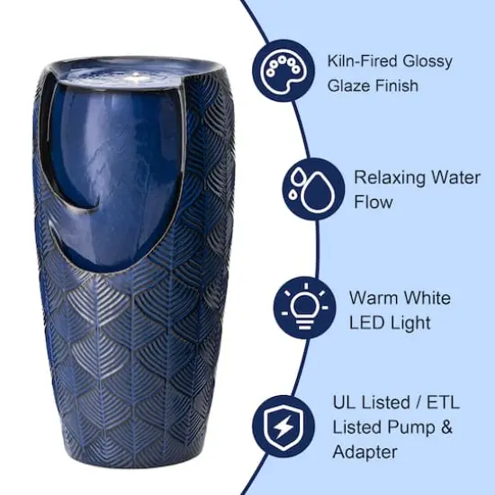 Glitzhome&reg; 29.25" LED Cobalt Blue Scale-Like Ceramic Pot Outdoor Floor Fountain {4}