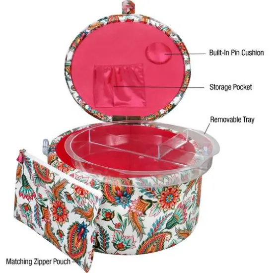 SINGER® Large Paisley Floral Print Premium Round Sewing Basket with Matching Zipper Pouch {3}