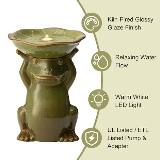Glitzhome&reg; 21.5" LED Olive Green Frog Holding Lotus Birdbath Ceramic Outdoor Floor Fountain {4}