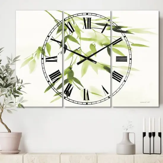 Designart 'Simplist Bamboo Leaves I Lake House Multipanel Wall Clock {3}