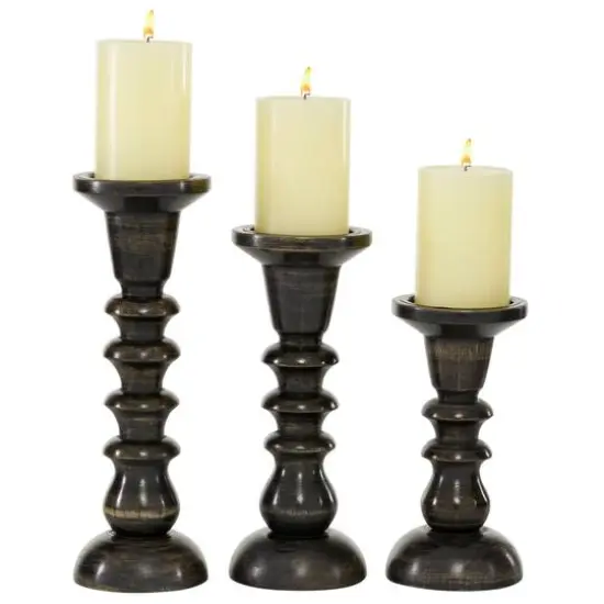 Dark Brown Mango Wood Traditional Ridged Candle Holder Set {1}