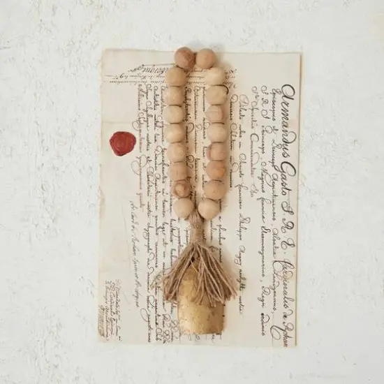 Hello Honey&reg; 13" Antique Gold Finish Metal Bell & Mango Wood Bead Door Hanger with Jute Fringe {3}