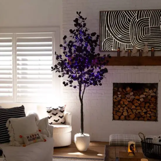 8ft. Pre-Lit Artificial Halloween Black Eucalyptus Tree with 540 Orange & Purple LED Lights {10}