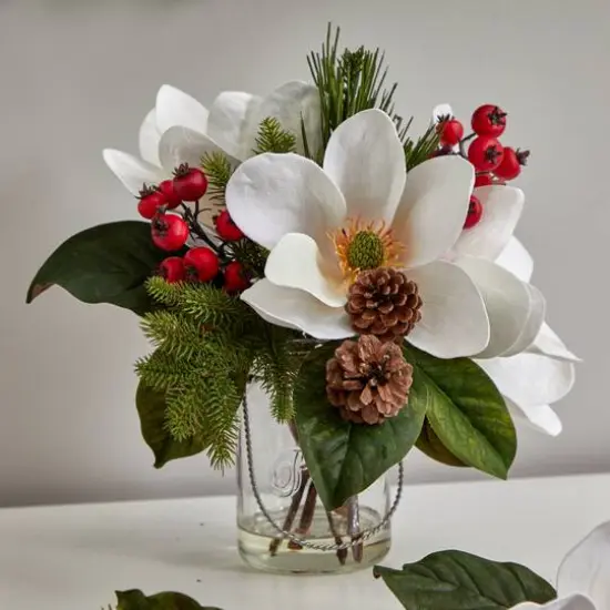 12" Magnolia, Pine & Berry Arrangement in Glass Vase {8}
