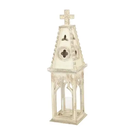 White Wood Vintage Candle Holder Lantern, 28" x 8" x 8" {6}