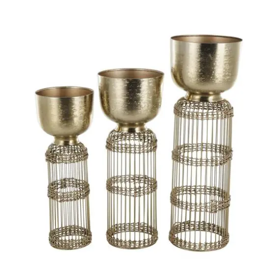 Gold Metal Textured Rounded Dome Planter & Pedestal Base Set {4}