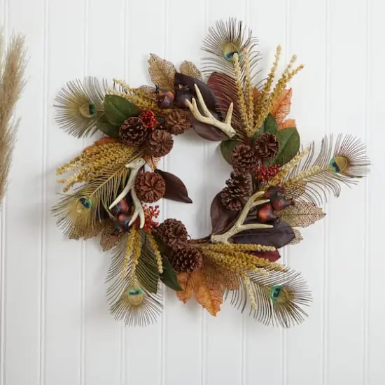 27" Magnolia Leaf, Berry, Antler & Peacock Feather Wreath {4}