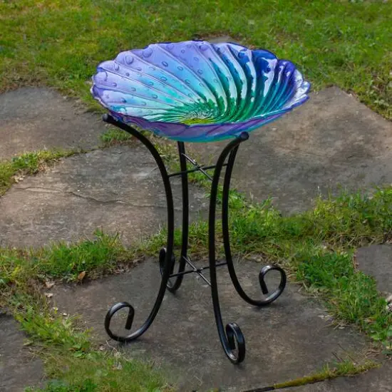 18" Purple & Green Swirled Hand Painted Glass Outdoor Birdbath {3}