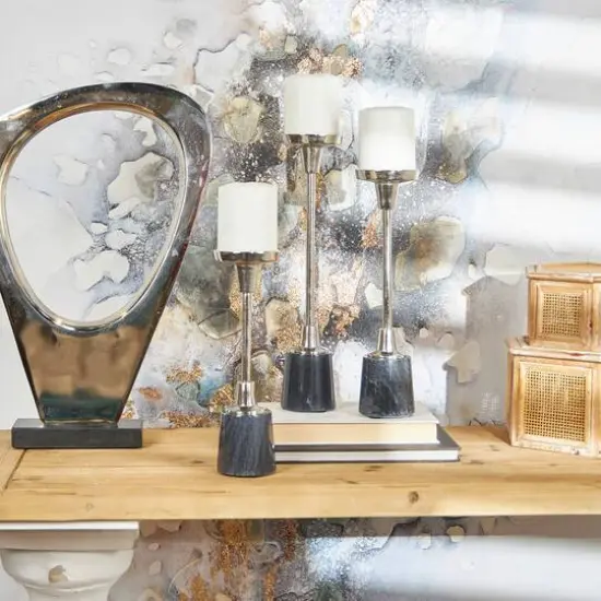 Silver Metal Slim Candle Holder with Black Marble Base Set {10}