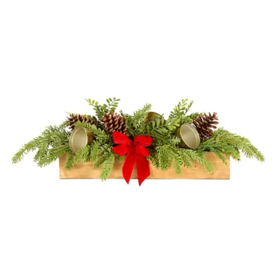 27" Christmas Bells Cypress & Pinecone Centerpiece in Wood Planter {1}