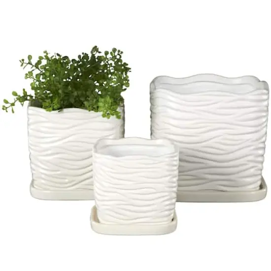 White Wavy Ribbed Ceramic Planter Set {1}