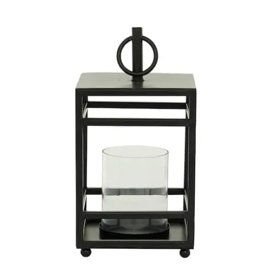 Black Iron Contemporary Candle Holder Lantern, 16" x 8" x 8" {6}
