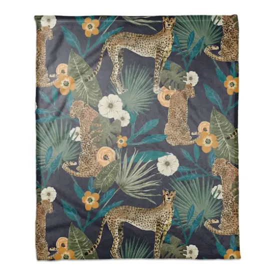Tropical Cheetah Coral Fleece Blanket Navy {1}