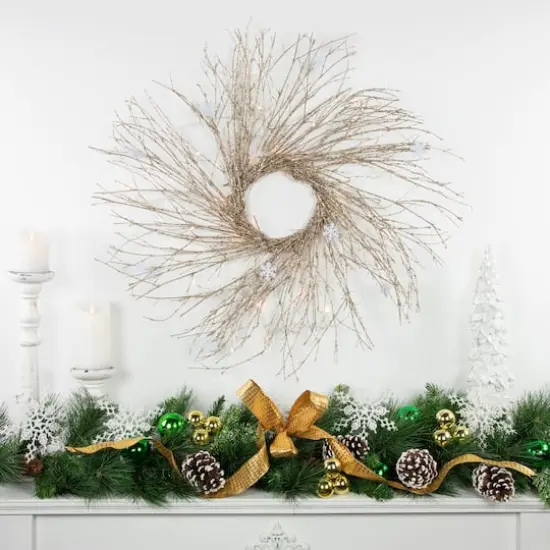 42" Pre-lit LED Champagne Gold Glittered Twig Artificial Christmas Wreath {4}