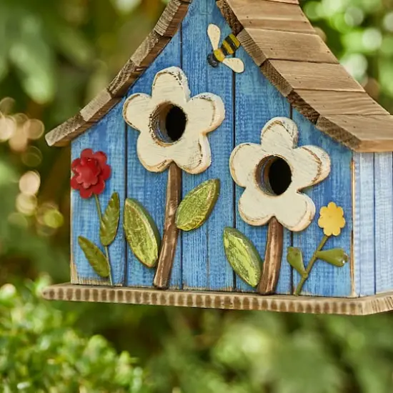 Glitzhome&reg; 10.5" Distressed Wood Birdhouse with Flowers {4}