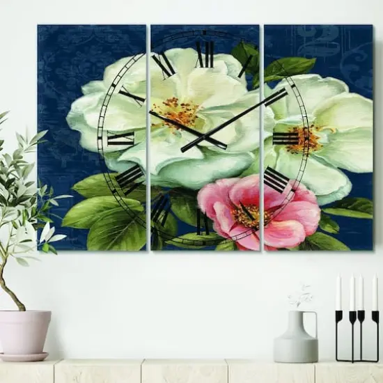 Designart Handpainted Blue Damask Flowers Farmhouse 3 Panel Wall Clock {3}