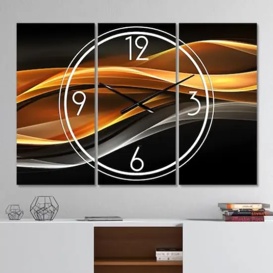 Designart Gold Silver Inward Lines Modern 3 Panel Wall Clock {3}