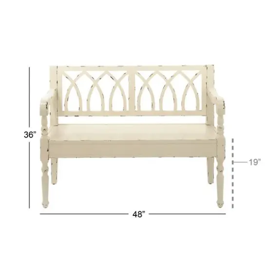Farmhouse Rectangular Distressed White Wooden Indoor Bench {6}
