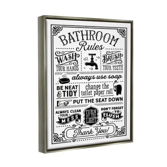 Stupell Industries Vintage Style Bathroom Rules Diagram List Border Floater Framed Art Gray {4}