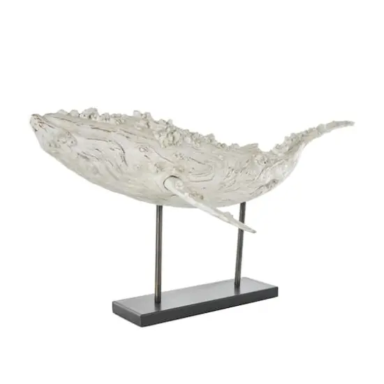 32" Cream Polystone Whale Sculpture with Brown Distressing & Black Metal Stand {3}