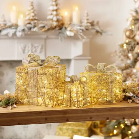 Gold LED Wrapped Presents Display Set {3}