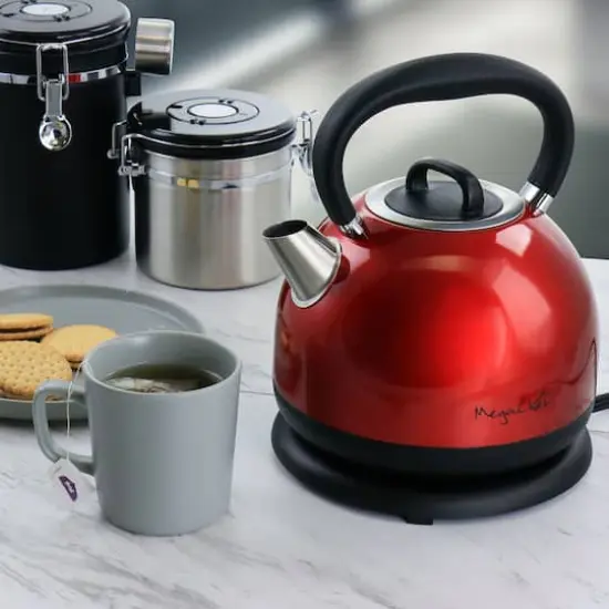 MegaChef 1.7L Red Cordless Half Round Electric Stainless Steel Tea Kettle {6}
