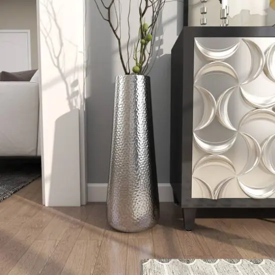 25" Silver Aluminum Tall Hammered Vase {8}