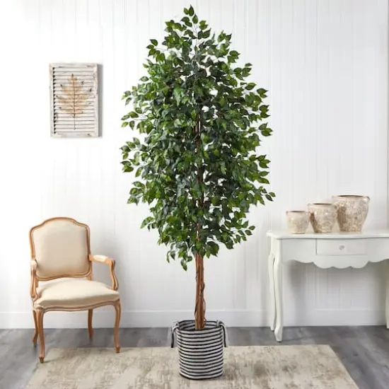 8ft. Ficus Artificial Tree in Handmade Black and White Natural Jute and Cotton Planter {4}