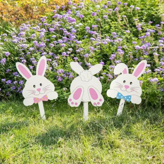 Glitzhome&reg; 15" Set of 3 Easter Wooden Bunny Pick or Yard Stake {4}