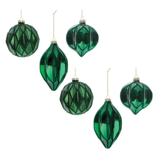 6 Pack Green Textured Harlequin Glass Ornaments {3}