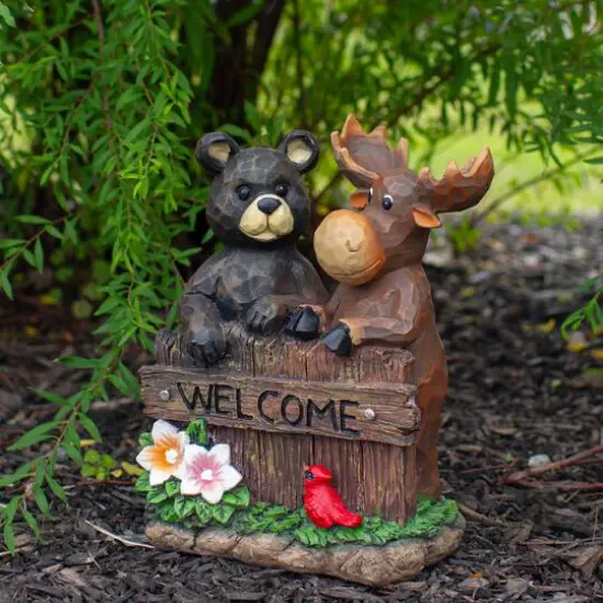 9.5" Black Bear & Moose Welcome Outdoor Garden Statue {3}