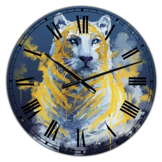 Designart Tiger Spirit in Blue and Gold Oversized Fashion Wall Clock {1}