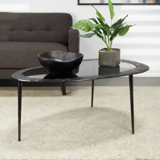30" Black Aluminum Abstract Oval Shaped Coffee Table with Glass Top {11}