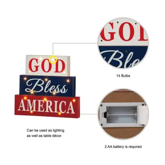 Glitzhome&reg; 12" LED Wooden Patriotic Block Sign {7}