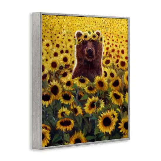 Stupell Industries Happy Bear Sunflower Field Framed Giclee Art Gray {4}