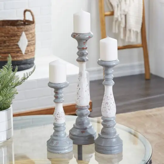 20" White & Gray Wood Farmhouse Candlestick Holder Set {9}