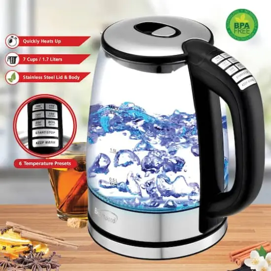Brentwood 1.79qt. Cordless Digital Glass Electric Kettle with 6 Precise Temperature Presets and Swivel Base {5}