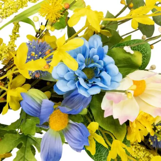 24" Yellow & Blue Daisy & Cosmos Floral Spring Wreath {7}