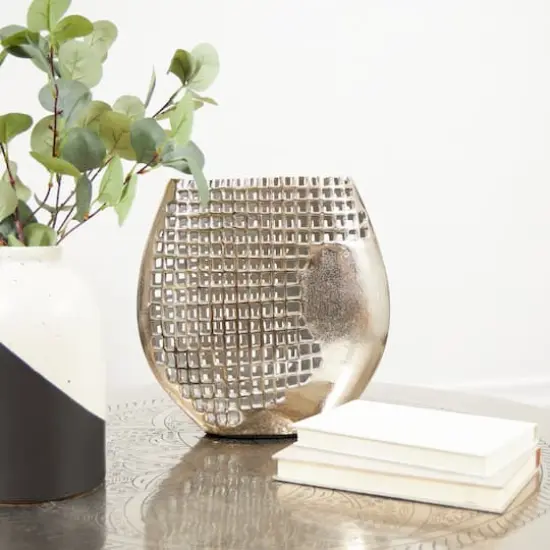 13" Dark Gray Aluminum Grid Inspired Abstract Vase with Open Frame Design {7}