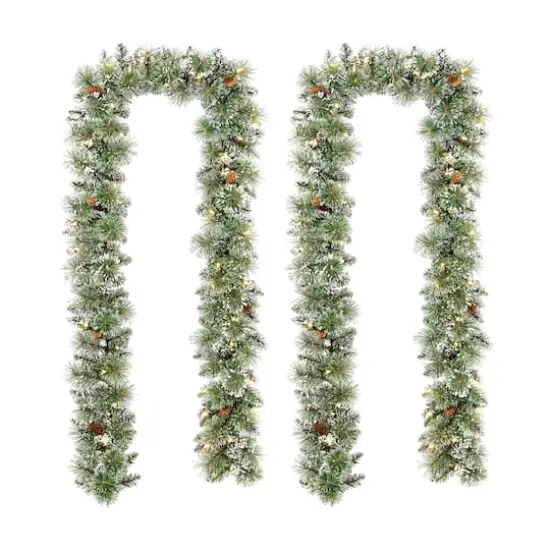 Glitzhome® 9ft. Pre-Lit Frosted Greenery Pinecones Christmas Garlands with Timers, 2ct. {1}